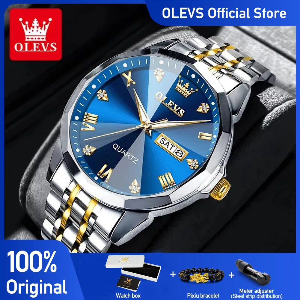 OLEVS Men's Watches Rhombus Mirror Original Quartz Watch for Man Waterproof Luminous Stainless Steel Wristwatch Male Date Week