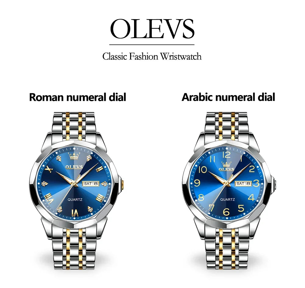 OLEVS Men's Watches Rhombus Mirror Original Quartz Watch for Man Waterproof Luminous Stainless Steel Wristwatch Male Date Week